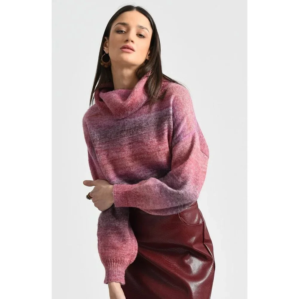 NWT ENTRO Ombre Turtleneck Sweater L Stripe Knit LS Drop Shoulders Winter NEW